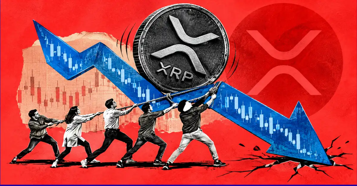 People pulling a downward arrow with an XRP coin rolling on red background.