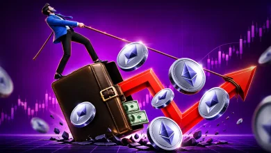 Man pulling Ethereum coins on a rope over a briefcase and rising arrow.