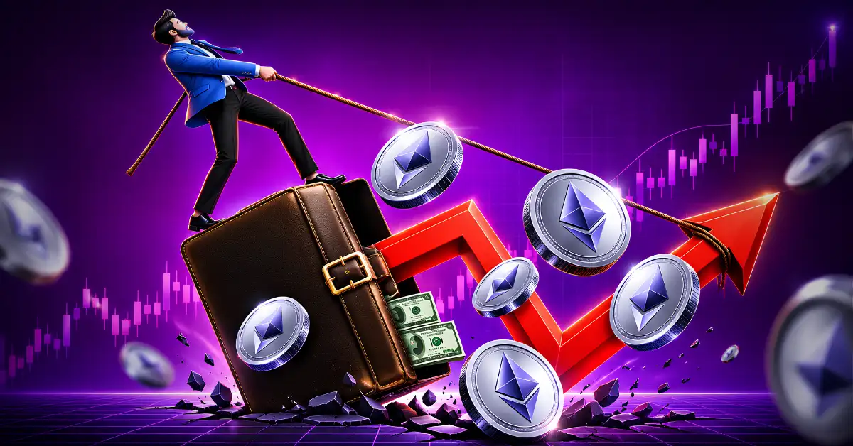 Man pulling Ethereum coins on a rope over a briefcase and rising arrow.