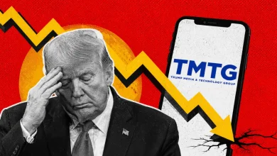 Donald Trump looking stressed beside a TMTG phone and a crashing yellow arrow.