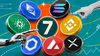 Seven altcoin logos around number 7 with pointing human and robot hands.