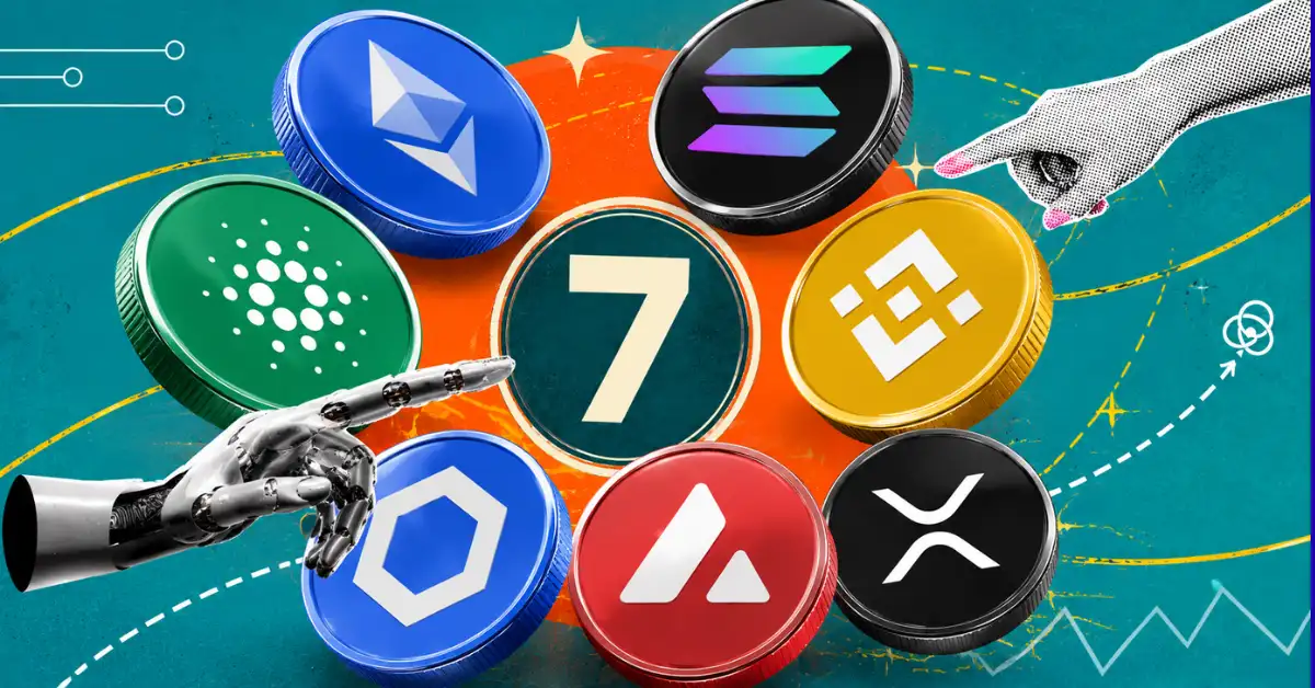 Seven altcoin logos around number 7 with pointing human and robot hands.