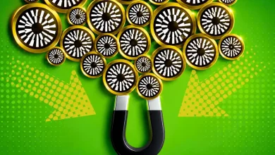 Magnet attracting Mantle logo coins with green directional arrows.