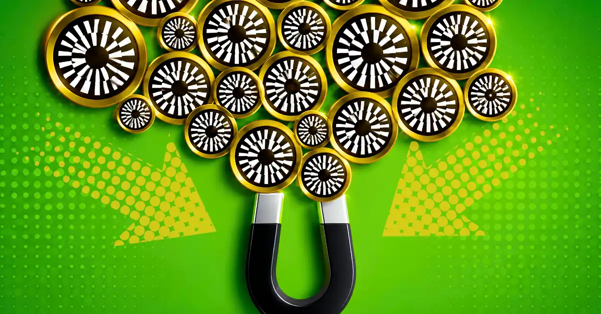 Magnet attracting Mantle logo coins with green directional arrows.