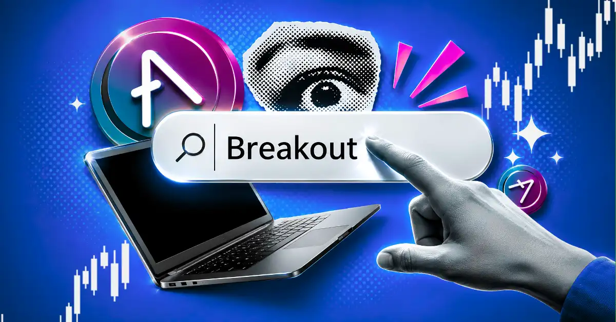 Hand searching breakout near Aave logo and laptop with rising chart.