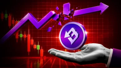 Audiera BEAT coin held on an open hand below a breaking purple chart arrow.