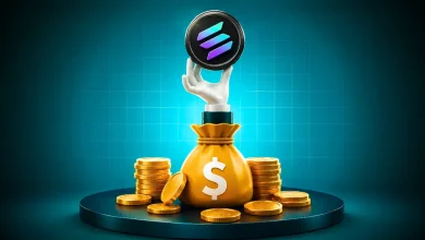 Gloved hand holding Solana coin over dollar bag and stacked gold coins.