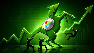 Green bull with Curve logo coin chained by figures on rising chart background.