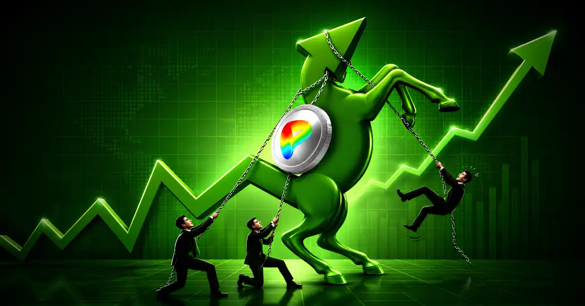 Green bull with Curve logo coin chained by figures on rising chart background.