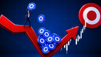 Man stacking Chainlink coins on red chart arrow aiming at target board.