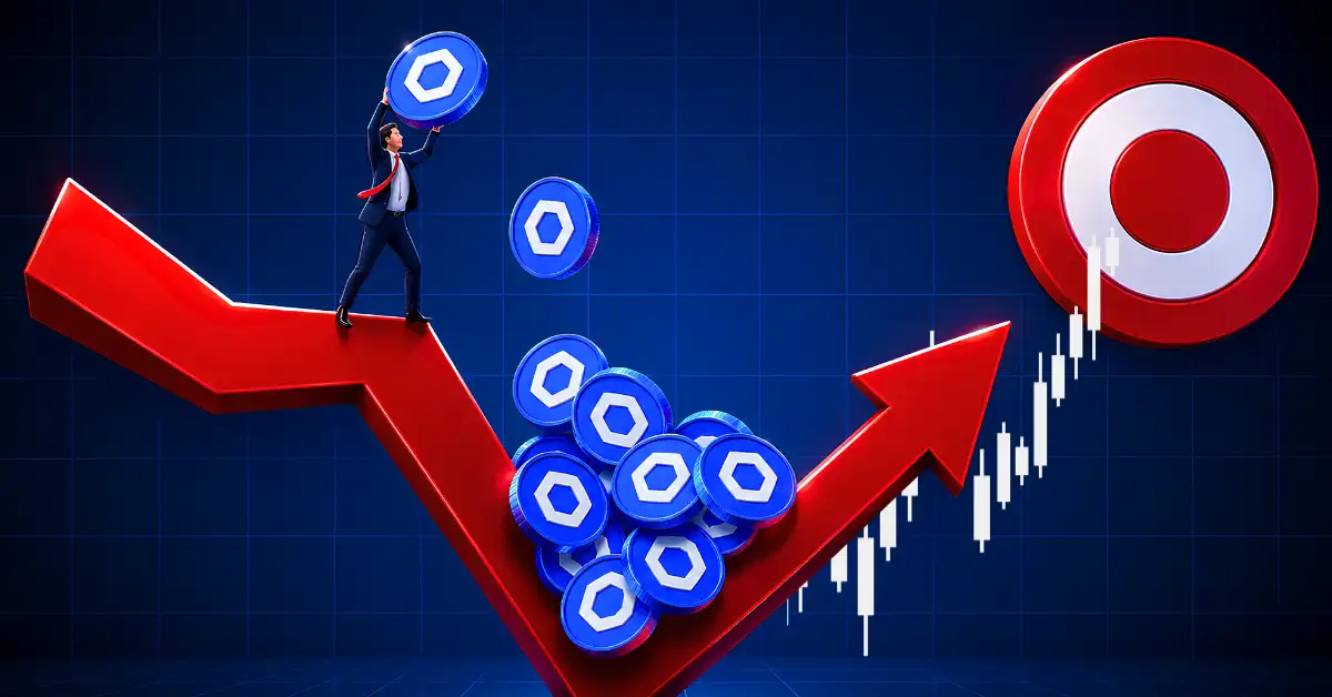 Man stacking Chainlink coins on red chart arrow aiming at target board.