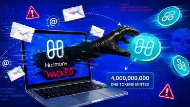 Gloved hand grabbing Harmony coin from laptop showing hacked alert.