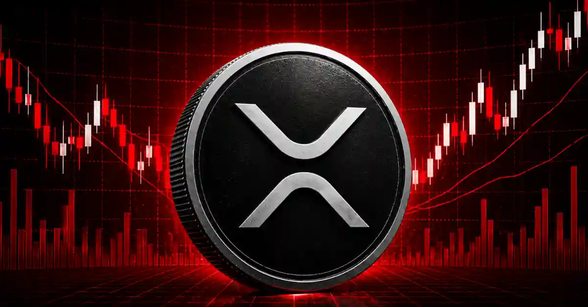 Silver XRP coin centered on red candlestick chart background.
