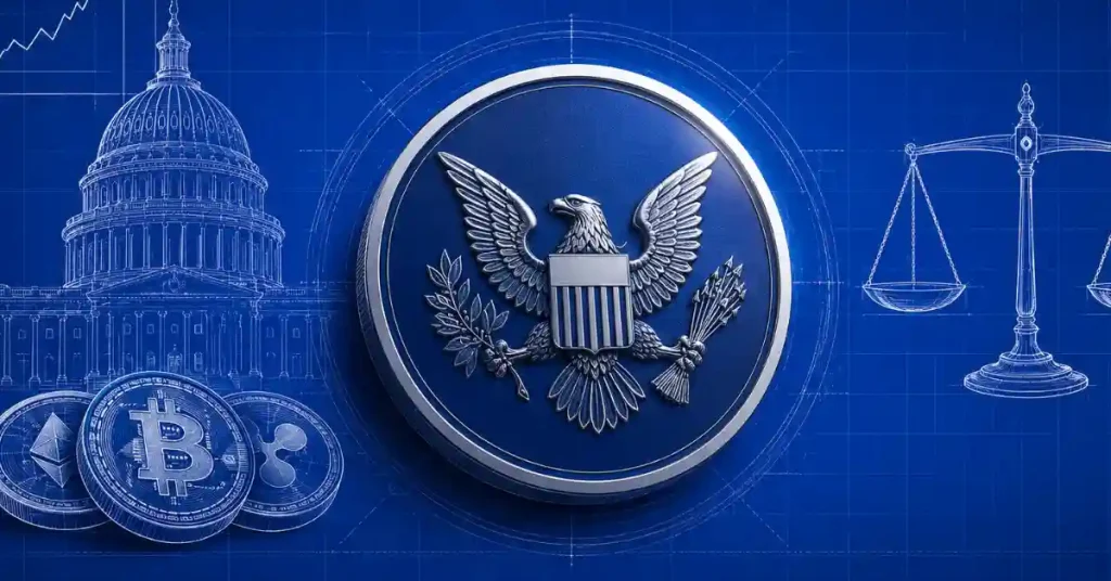 SEC seal flanked by Capitol dome, justice scales, and crypto coins.