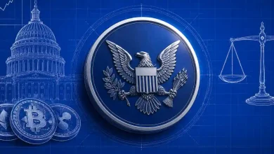 SEC seal flanked by Capitol dome, justice scales, and crypto coins.
