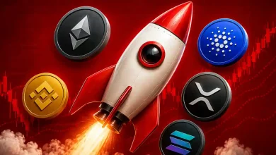 Red rocket launching surrounded by Ethereum, Solana, XRP, and Cardano coins.