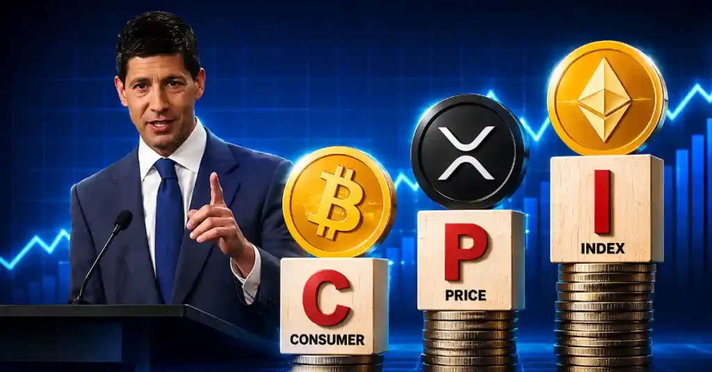 Man pointing near stacked CPI blocks topped with BTC, XRP, and ETH coins.