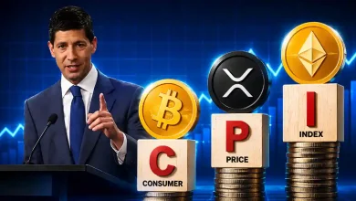 Man pointing near stacked CPI blocks topped with BTC, XRP, and ETH coins.