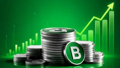Stack of crypto coins with green B logo in front of a rising green price chart.