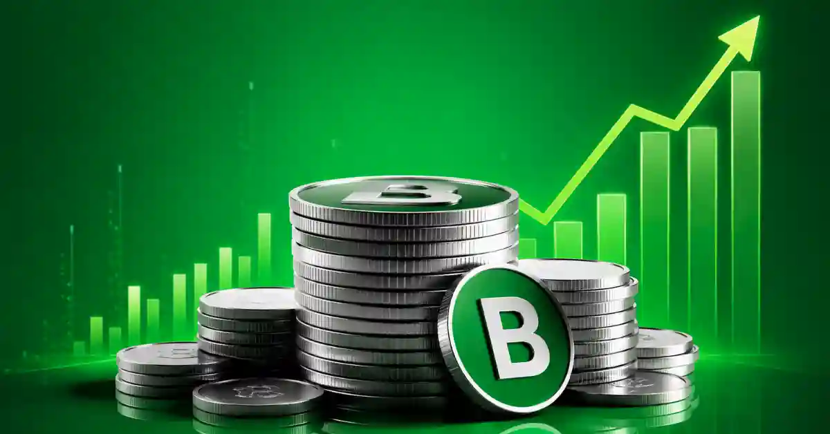 Stack of crypto coins with green B logo in front of a rising green price chart.