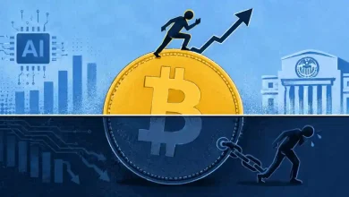 Person running up Bitcoin coin split with AI chip and Fed building graphics.