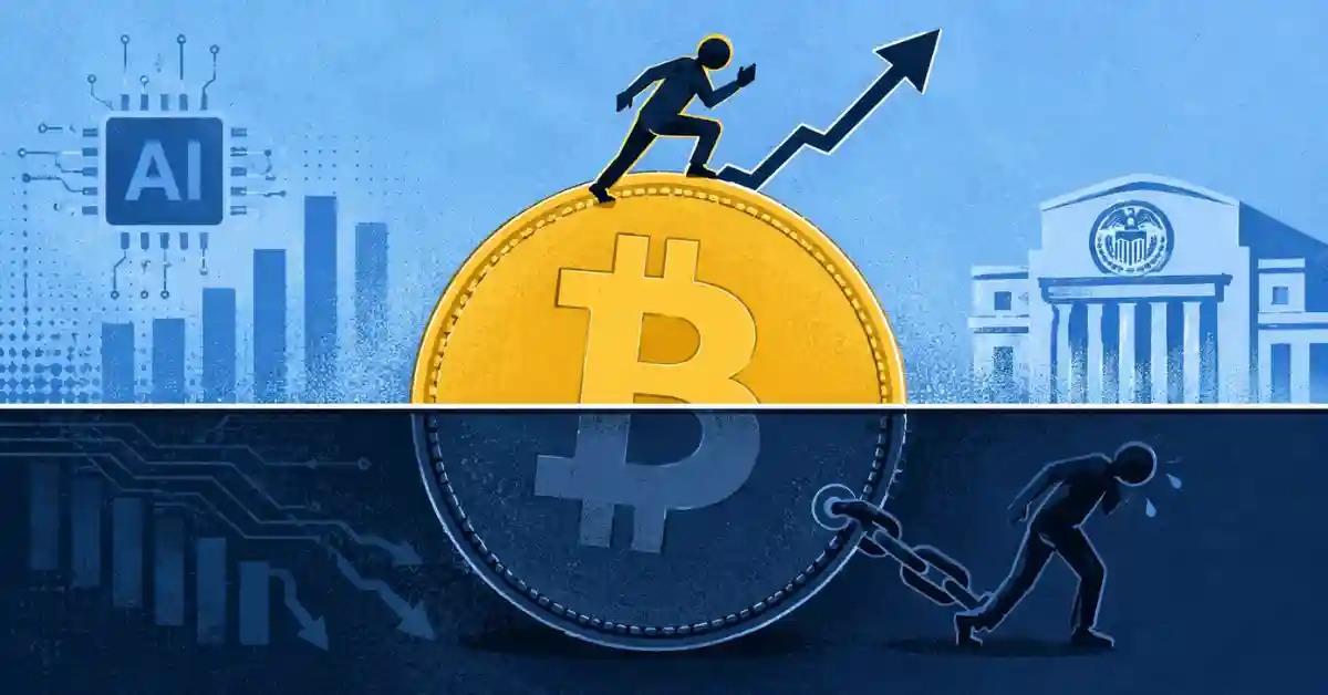 Person running up Bitcoin coin split with AI chip and Fed building graphics.