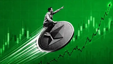 Man riding giant Ethereum coin pointing upward on a green chart background.