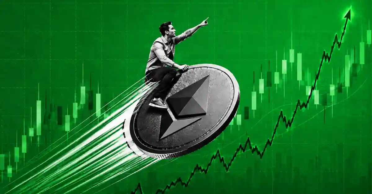 Man riding giant Ethereum coin pointing upward on a green chart background.