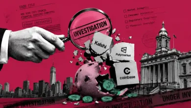 Magnifying glass pointing at Kalshi, Polymarket, and Coinbase blocks above broken piggy bank.