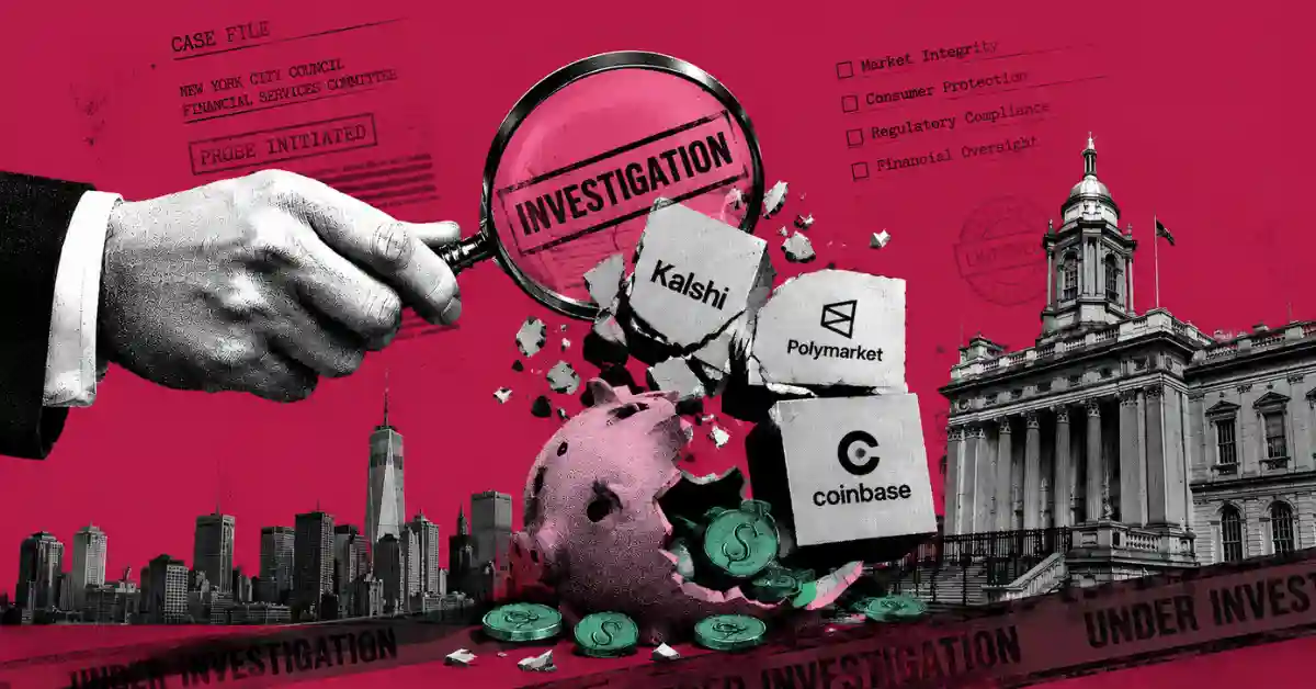 Magnifying glass pointing at Kalshi, Polymarket, and Coinbase blocks above broken piggy bank.