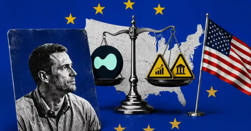 Wintermute CEO portrait beside scales balancing the Hyperliquid logo against warning signs and a U.S. map.