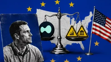 Wintermute CEO portrait beside scales balancing the Hyperliquid logo against warning signs and a U.S. map.