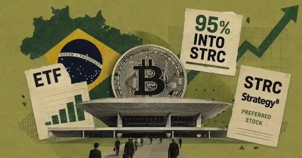 Bitcoin coin over Brazil map with text reading 95% into STRC Strategy preferred stock.