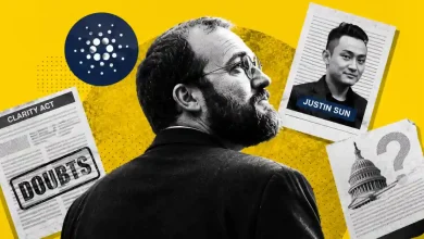 Charles Hoskinson alongside Justin Sun photo, Cardano logo, and CLARITY Act document stamped Doubts.