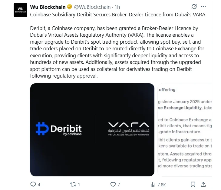 Deribit Broker Dealer Licence Opens Coinbase Liquidity to Clients