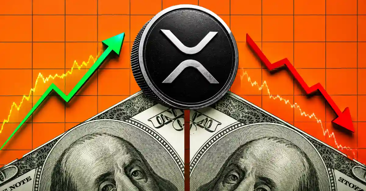 XRP coin resting atop dollar bills with green up and red down arrows.