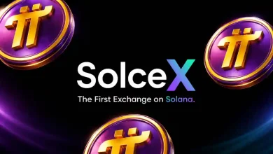 Pi Network coins surrounding the SolceX exchange logo on dark background.