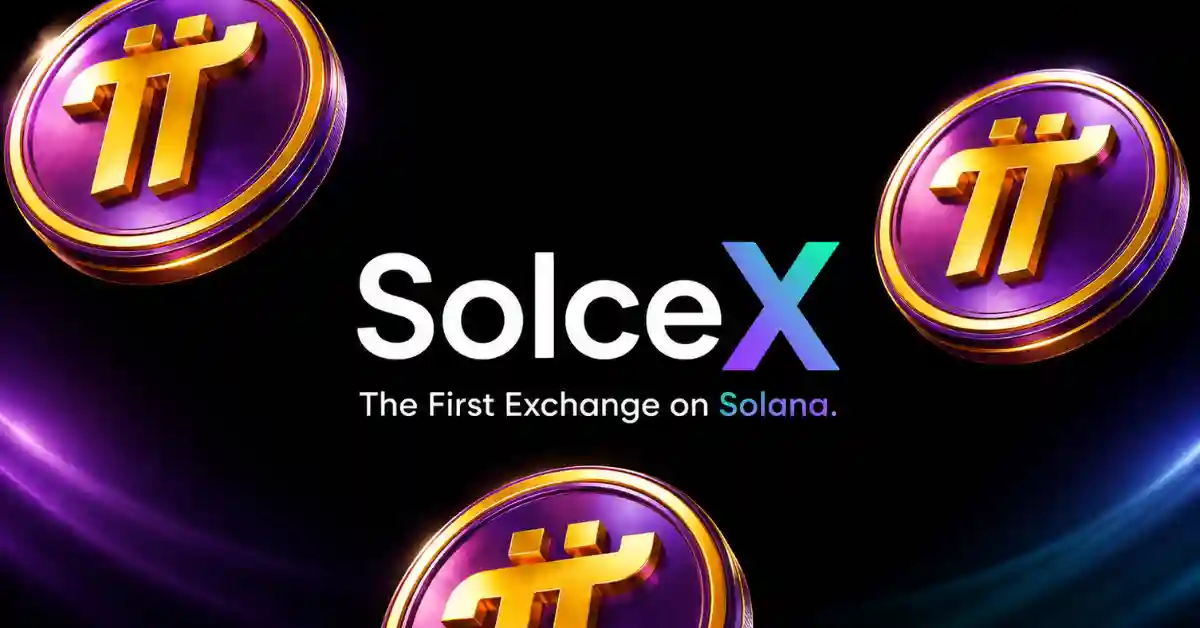 Pi Network coins surrounding the SolceX exchange logo on dark background.