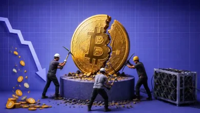 Miners using pickaxes on a cracked gold Bitcoin beside a downward chart arrow.