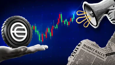 Graphic showing Worldcoin with a bullish candlestick chart, megaphone, and news clipping.