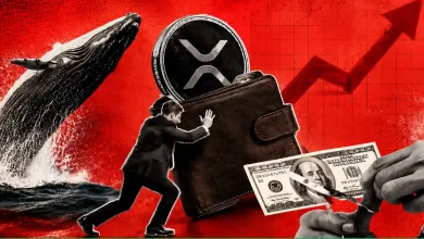 Whale breaching water near man pushing wallet with XRP token and dollar bill cut by scissors.