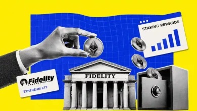 Hand placing Ethereum coin into vault next to Fidelity building and staking chart.