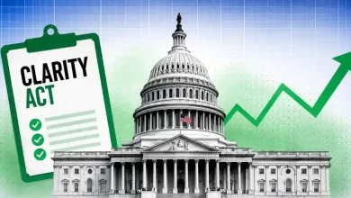 CLARITY Act checklist clipboard beside U.S. Capitol dome and rising green arrow.