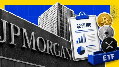JPMorgan building alongside Q2 Filing clipboard and Bitcoin, Ethereum, and XRP ETF logos.