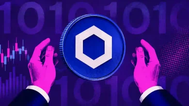 Hands framing a Chainlink token over a binary code background and chart.