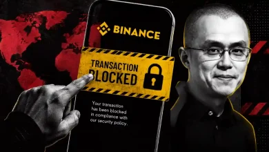 Changpeng Zhao beside smartphone showing Binance transaction blocked alert message.