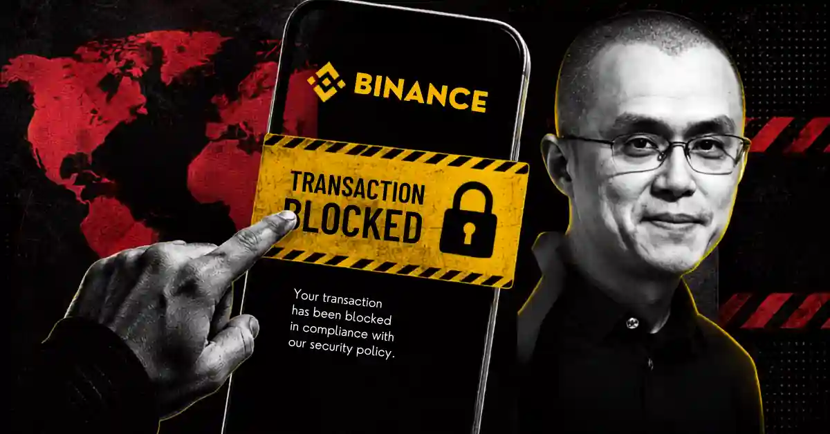 Changpeng Zhao beside smartphone showing Binance transaction blocked alert message.
