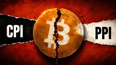 Cracked Bitcoin coin split between CPI and PPI text labels on red background.