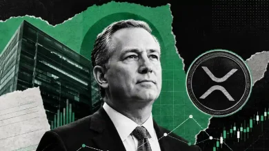 Brad Garlinghouse portrait alongside XRP logo, corporate building, and growth charts.