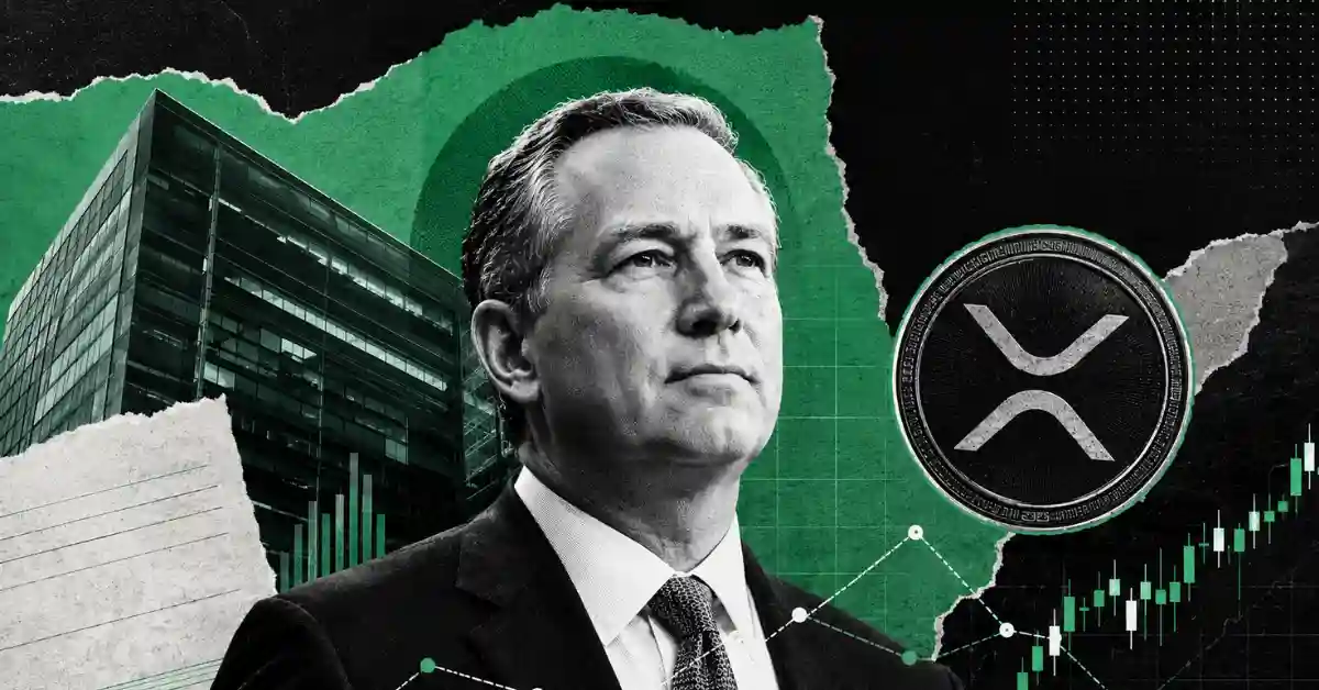 Brad Garlinghouse portrait alongside XRP logo, corporate building, and growth charts.